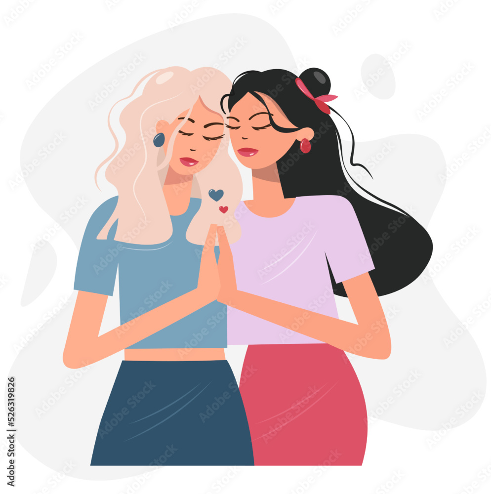 Women hug each other, expressing love, affection. The concept of friendship, strong relationships, help, support. Close up portrait of two girlfriends blonde and brunette Flat isolated vector design Women hug each other, expressing love, affection. The concept of friendship, strong relationships, help, support. Close up portrait of two girlfriends blonde and brunette Flat isolated vector design
