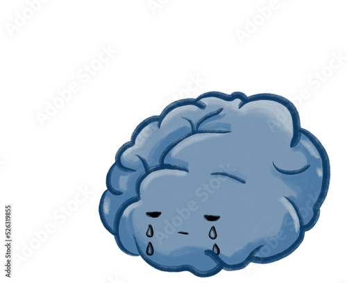 Depression unhappy sad grey blue brain cartoon illustration mental concept
