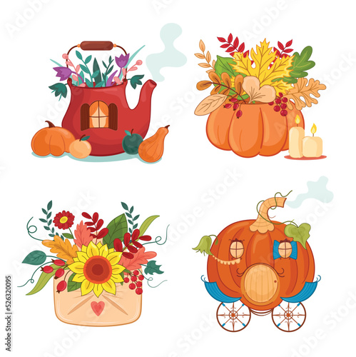 Vector illustration autumn set with boots  chariot  kettle  pumpkin  sunflower  coach  vegetables