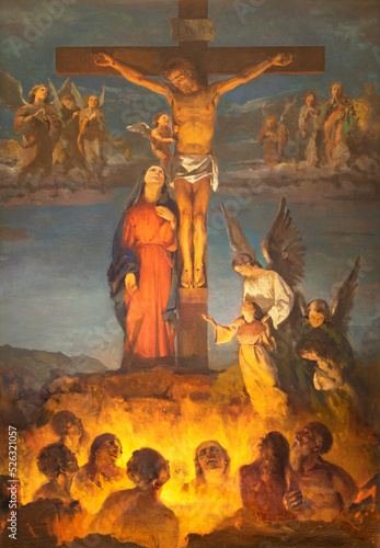 Cuadro en lienzo BIELLA, ITALY - JULY 15, 2022: The painting of Crucifixion and soul in the purgatory in the church Chiesa di San Casiano (1954)