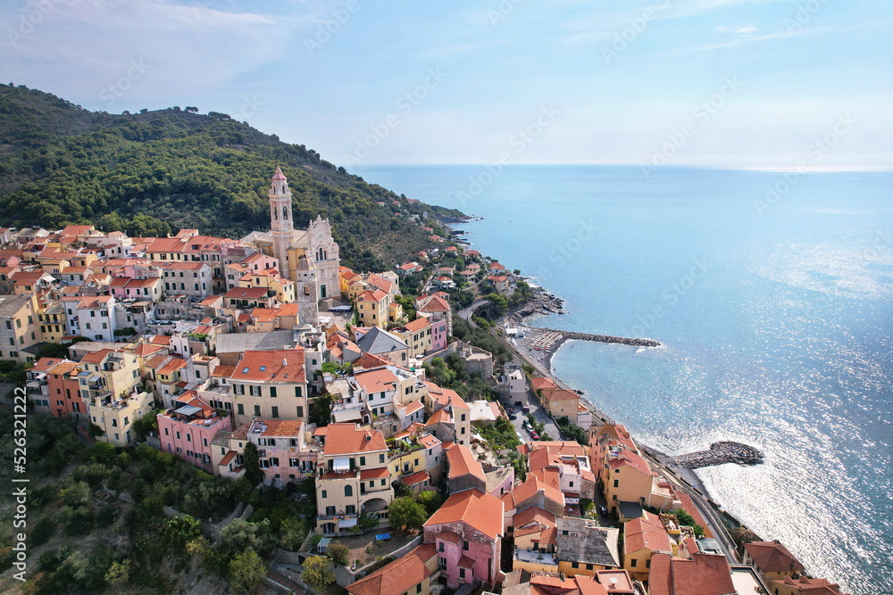 Aerial view of the village of Cervo on the Italian Riviera in the province of Imperia, Liguria, Italy.
