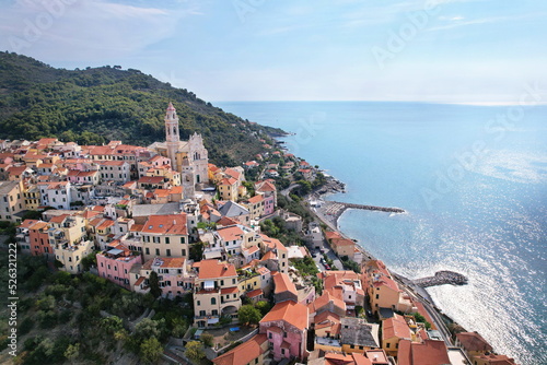 Aerial view of the village of Cervo on the Italian Riviera in the province of Imperia, Liguria, Italy.