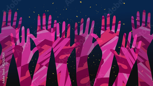 Lots of hands in pink Pattern  on a  dark blue background with golden spots, vector 