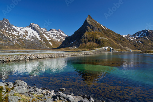 mountain landscape of fredvang, kubholmenleia bru, nord-norge in Norway