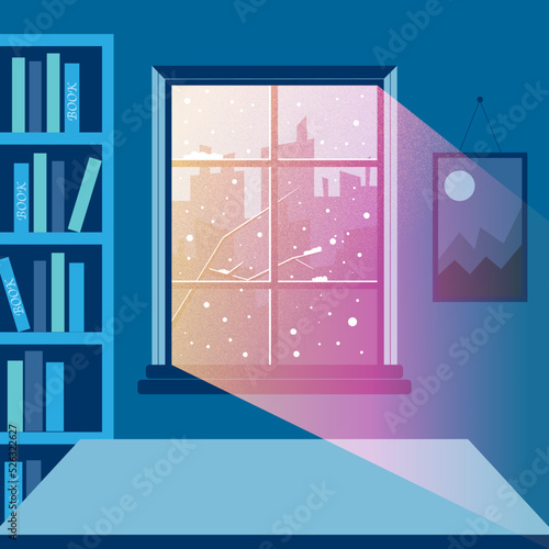 Library with bookshelf wall in snowy midnight. Moonlight shines through the window. Great for book cover, and card. Creative illustration texture. Illustration vector format.
