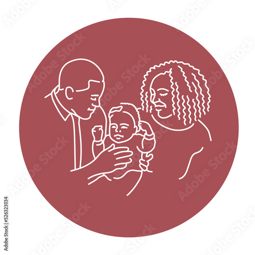Cute african american couple with baby color line illustration