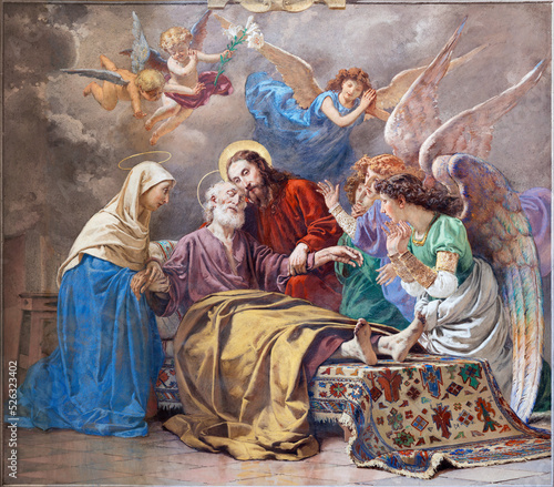 VARALLO, ITALY - JULY 17, 2022: The fresco of Death of St. Joseph in the church Basilica del Sacro Monte by P. G. Gilardi (1881).