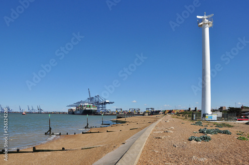 Radar Tower with Docks Behind, Landguard Point, Felixstowe, Suffolk, England, UK photo
