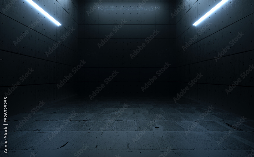 Modern Minimal Underground Storehouse Garage Concrete Interior Room With Neon Light Fluorescent Glowing Illustration Backgrounds 3d Rendering