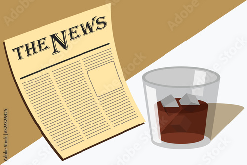 Newspaper on the table illustration. Glass of whiskey with ice. Flat style. Vector illustration.