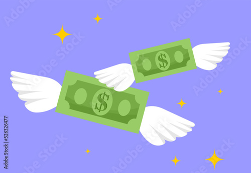 dollar with wings. coins and dollars. Gold coins stack concept illustration in flat style. treasure of gold wealth with bright sparkles, money gold coins stacks concept of savings and dividends