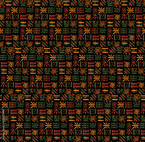 African clash ethnic tribal seamless pattern background. Vector red, yellow, green symbols, square repeat lines backdrop for Black History Month, Juneteenth, Kwanzaa print, banner, wallpaper