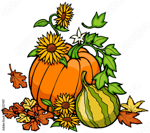 flowering pumpkin with fall leaves and gour