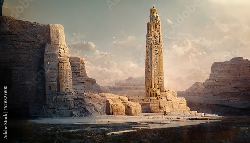 The obelisk rises near the ruined wall of the temple. photo