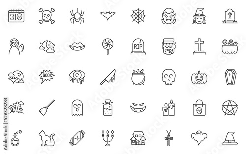 set of halloween line icons, scary, autumn, ghost