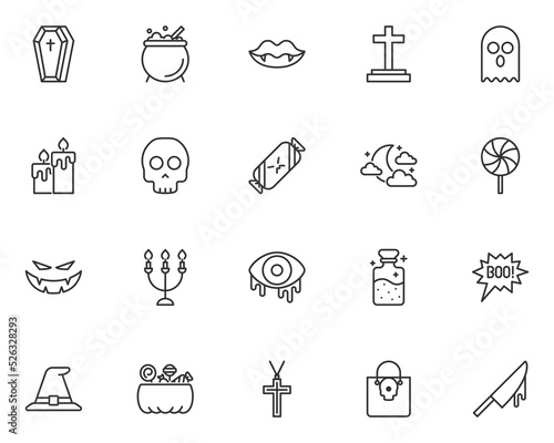 set of halloween line icons, scary, autumn, ghost
