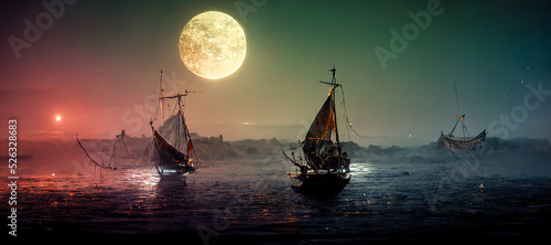 Tela Spectacular digital art 3D illustration of a nighttime scene with a medieval fantasy sailboat, schooner sailing along the coast with docks and lighthouses, and a bright moon in the sky