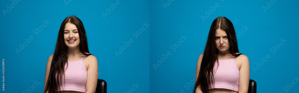 Set of two emotional photographs of a young woman with a happy and angry, sad emotions. Beautiful brunette in a blue t-shirt on a blue background. Collage. Set of two emotional photographs of a young woman with a happy and angry, sad emotions. Beautiful brunette in a blue t-shirt on a blue background. Collage.