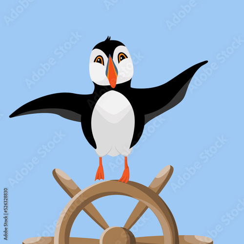 Puffin sits on the ship steering wheel. Drawn in cartoon style. Vector illustration for designs, prints and patterns.