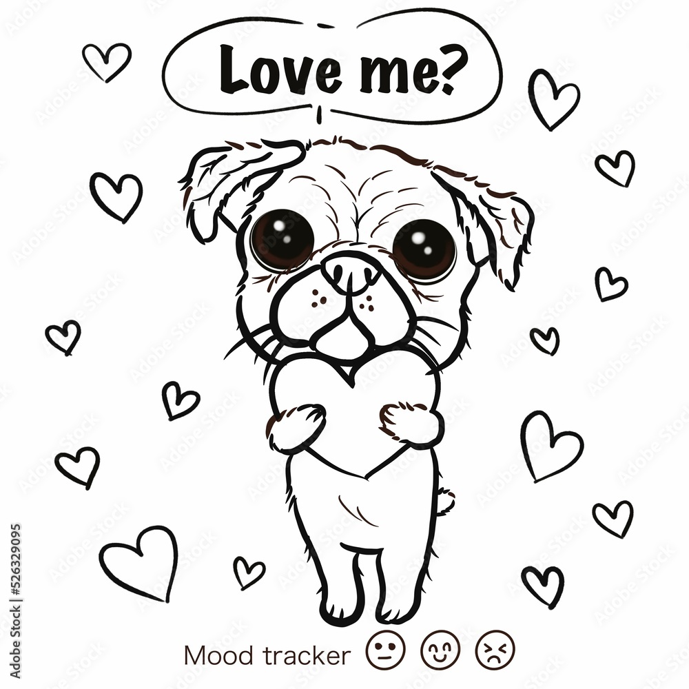 Cute pug dog with heart, coloring page for kid on transperent backgound