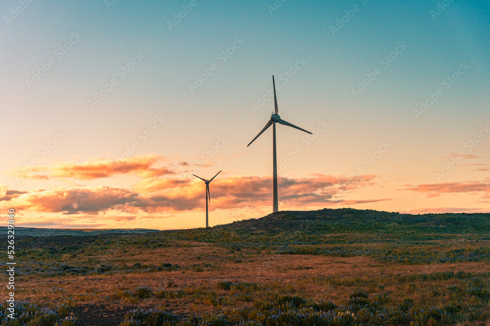 Obraz premium Wind turbine windmill energy on hill in the sunset, Alternative clean energy
