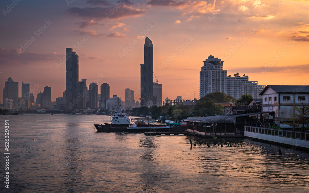 Bangkok city riverside at sunrise 