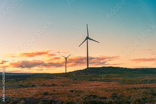 Wind turbine windmill energy on hill in the sunset, Alternative clean energy