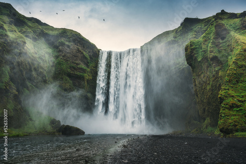 Dramatic of powerful Skogafoss waterfall with skoga river flowing from cliff on summer in Iceland