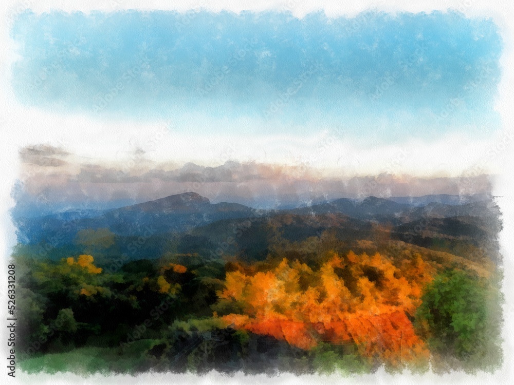 Mountain forest landscape and camping watercolor style illustration impressionist painting.