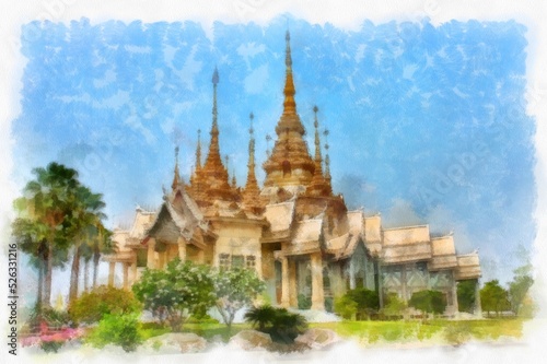 Landscape of ancient Thai architecture watercolor style illustration impressionist painting.