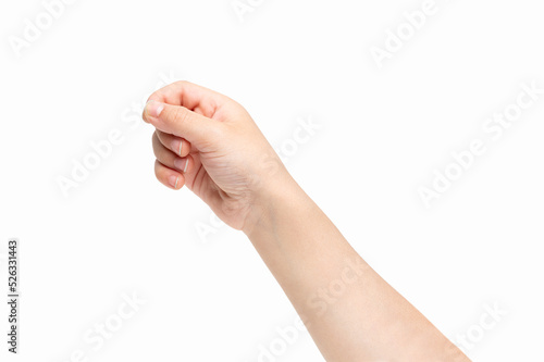 Fotografie Young child hand holding some like a blank card isolated on a white background