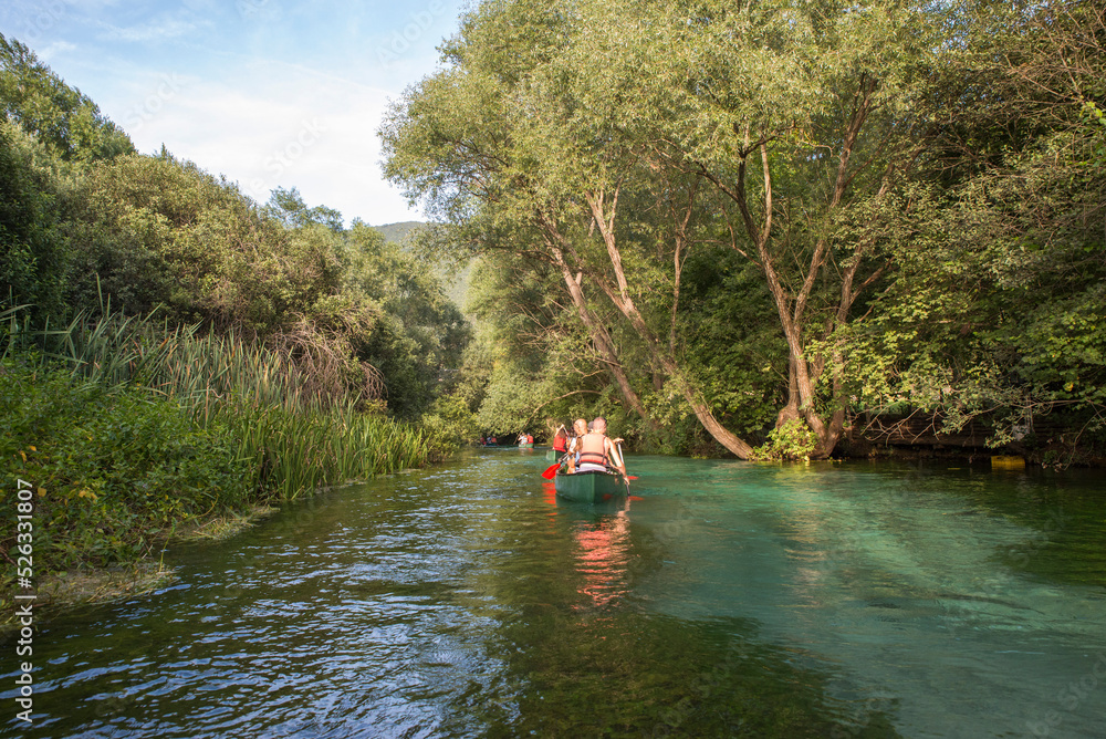 View of a group of people having a canoe experience on a natural blue river. Green landscape background