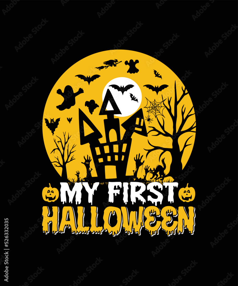 Halloween background with pumpkin and bats My First Halloween T-shirt Design