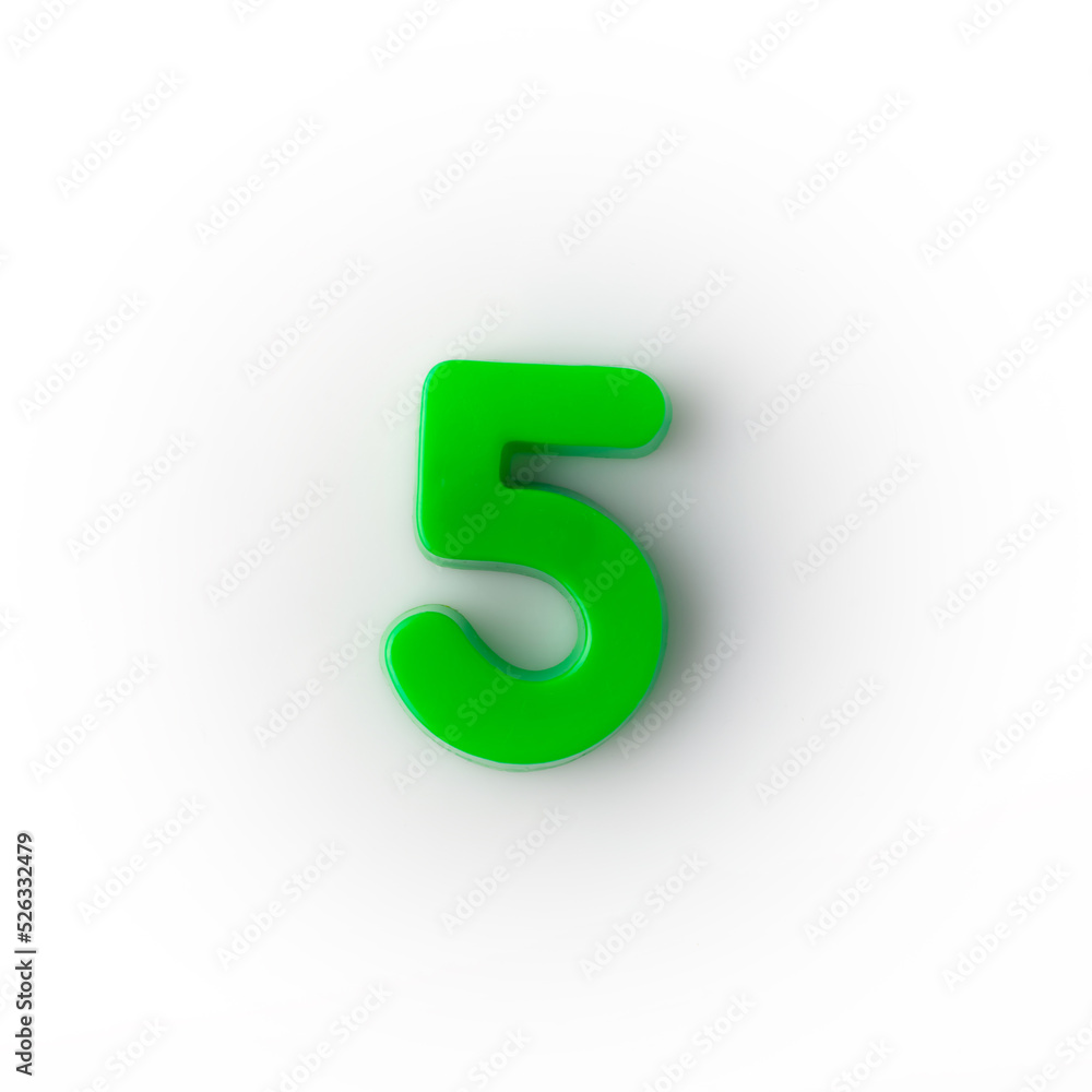 Plastic magnetic number 5 five green on a white background top view. Plastic magnetic number 5 five green on a white background top view.