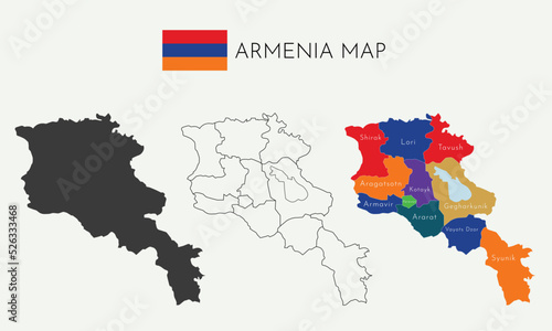 High detailed vector map of Armenia. Borders and names of the provinces.