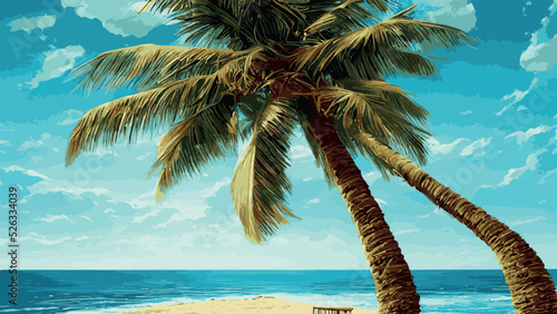 Palm tree on tropical beach with blue sky and white clouds abstract background.