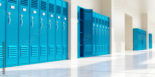 High school hall locker. Education building interior, empty corridor