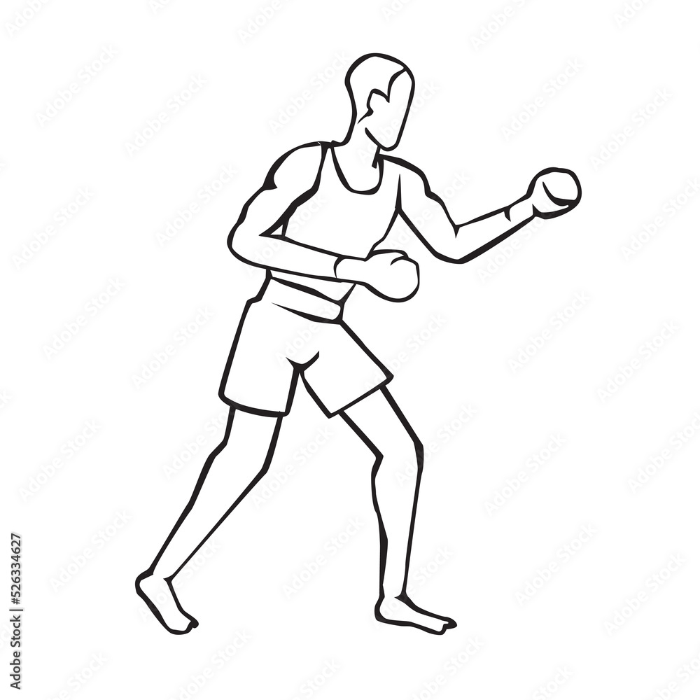 Vector illustration of hand drawn boxer in action. Sports concept. 