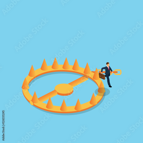 Motivated businessman jump over open trap isometric 3d vector illustration concept for banner, website, illustration, landing page, flyer, etc.