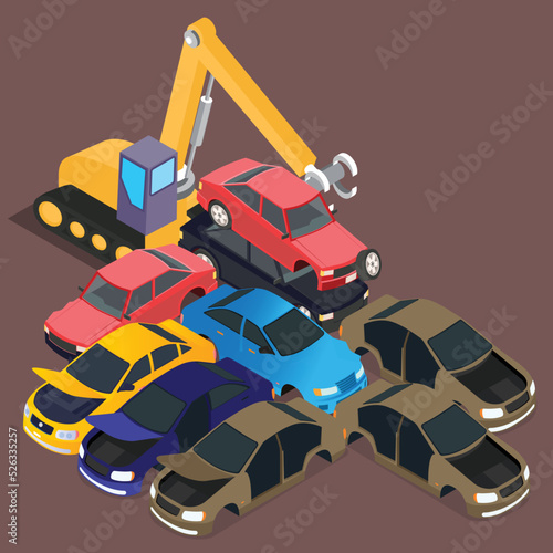 Car dump junkyard isometric 3d vector illustration concept for banner, website, illustration, landing page, flyer, etc.