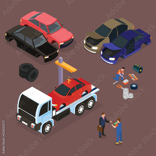 Worker getting money for junk automobile removal isometric 3d vector illustration concept for banner, website, illustration, landing page, flyer, etc.
