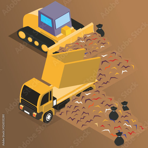 Landfill landscape with trash piles, bulldozer and garbage truck isometric 3d vector illustration concept for banner, website, illustration, landing page, flyer, etc.