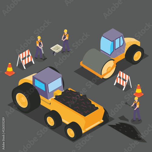 Workers repair the road surface isometric 3d vector illustration concept for banner, website, illustration, landing page, flyer, etc.