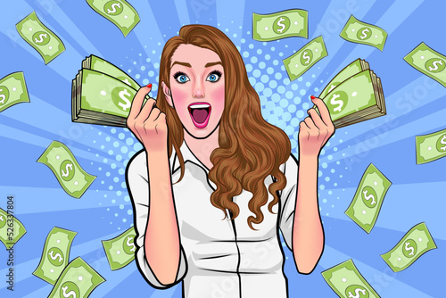 surprise business woman successful and shocking with Falling Money say WOW OMG Pop art retro comic style