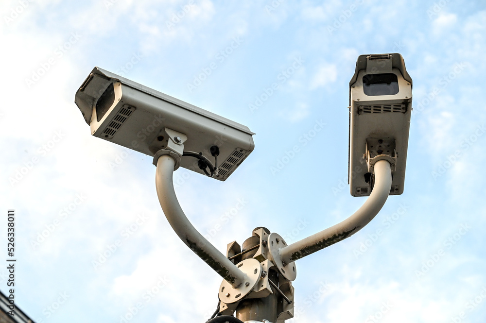 aCCTV camera on the pole. Professional Security cameras scanning the
