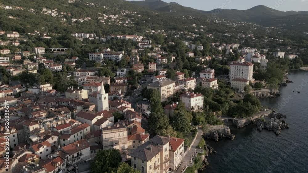 Aerial shot of St. George's Church and the town of Lovran at daybreak, Lovran, Eastern Istria Aerial shot of St. George's Church and the town of Lovran at daybreak, Lovran, Eastern Istria