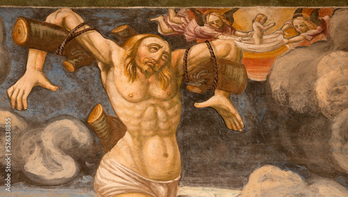 Canvas Print BIELLA, ITALY - JULY 15, 2022: The detail of Penitent thief as the part of Crucifixion fresco in the church Chiesa di San Sebastiano by master of Lombard school from 16