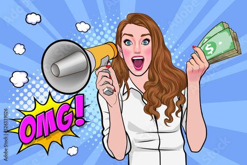 surprise shocking successful business woman holding megaphone and Falling Money say WOW OMG Pop art retro comic style