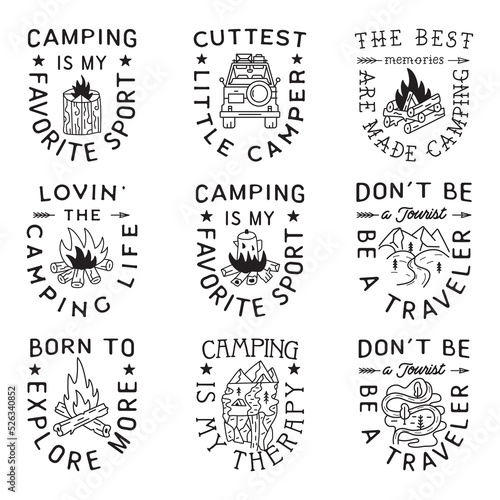 Camping T Shirt Designs Set in minimalist Line Art Style with Different Quotes. Travel linear Emblems. Hiking Silhouette Labels. Stock vector Badges