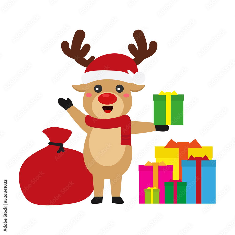 Fototapeta premium Reindeer set Happy smile in Christmas celebration, standing holding gifts, standing waving, giving out gifts. Pins into the chimney.vector illustration and icon